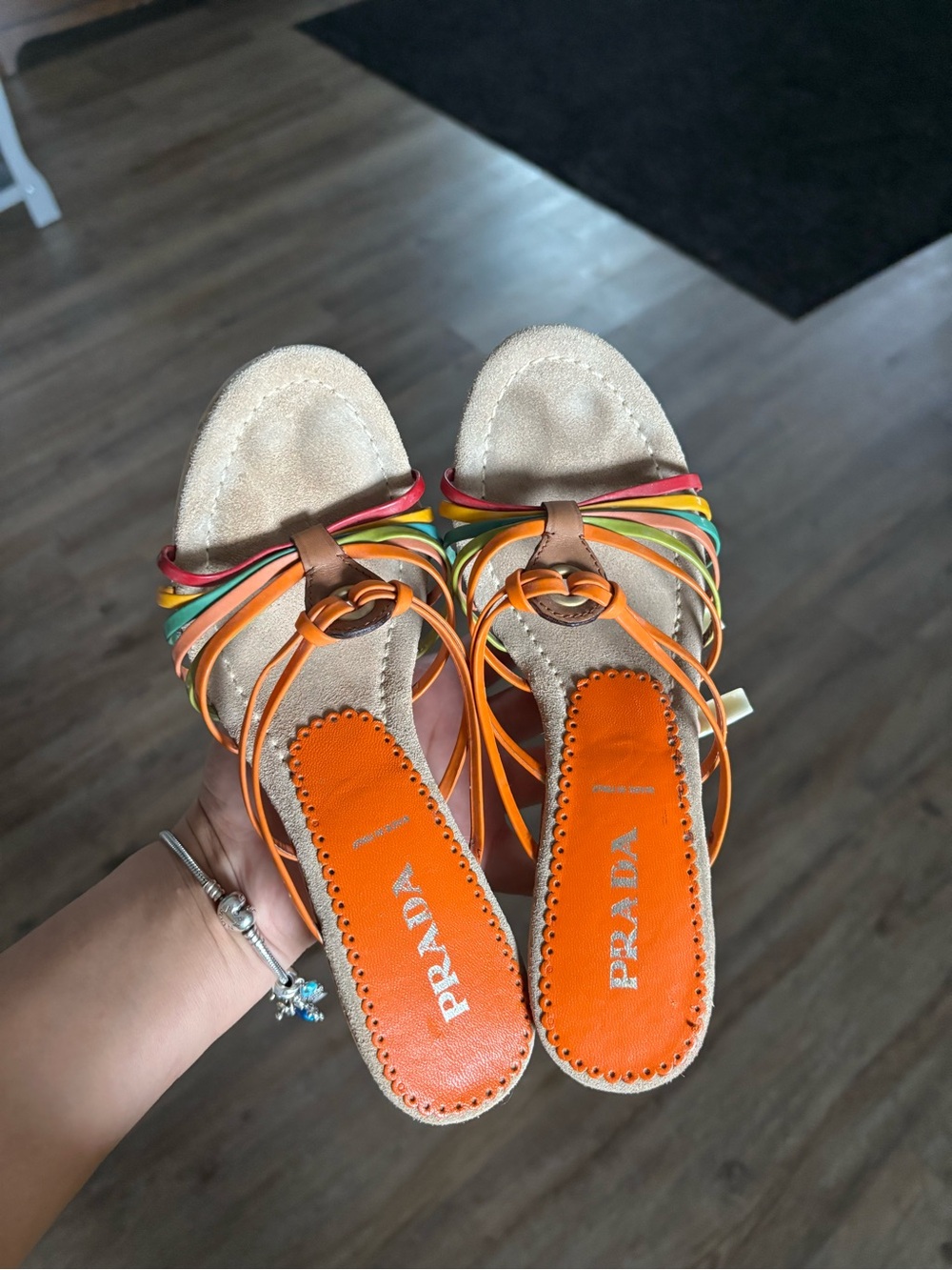 Prada Multicolor Strappy Sandal with Orange Insole
